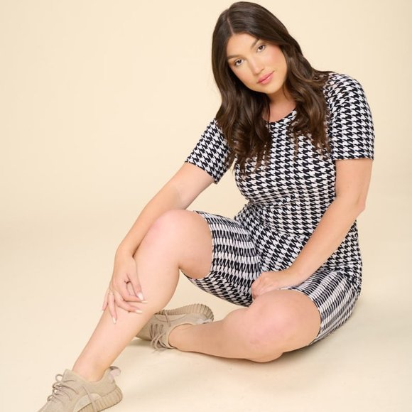Fifth Degree Tops - Plus Size Jacquard Printed High Waisted Biker Shorts and Tee Two Piece Set